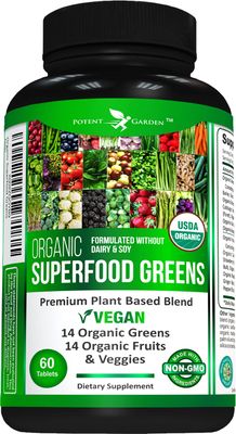 Potent Garden Organic Superfood Greens, Fruit and Veggies Supplement Rich in Vitamins &amp; Antioxidants with Alfalfa, Beet Root &amp; Tart Cherry to Boost Energy, Immunity &amp; Gut Health, Greens Tablets 60 Ct