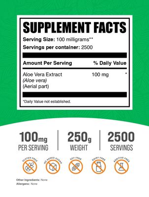 BulkSupplements.com Aloe Vera Extract Powder - Aloe Vera Supplement, Aloe Vera Powder - Herbal Supplement, Pure & Gluten Free, 100mg per Serving, 250g (8.8 oz) (Pack of 1)