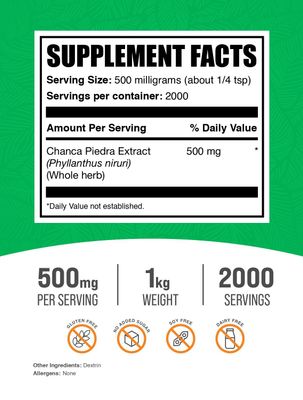 BulkSupplements.com Chanca Piedra Extract Powder - Chanca Piedra Stone Breaker, Herbal Supplement, Chanca Piedra Powder - Gluten Free, 500mg per Serving, 1kg (2.2 lbs) (Pack of 1)