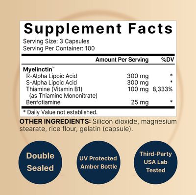 Alpha Lipoic Acid 600mg w/ B1 Complex | 300 Capsules, 4 in 1 Myelinctin Formula, R-ALA | S-ALA | Thiamine | Benfotiamine, High Bioavailability and Potency, Third Party Tested, Non-GMO &amp; NO Gluten