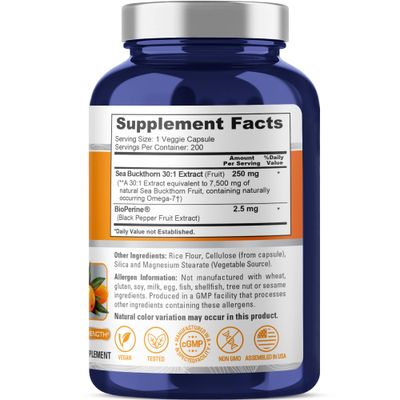 NusaPure Sea Buckthorn Omega-7 7500mg per Veggie Powder Caps - 200 Count - Extract 30:1, Non-GMO &amp; Vegan