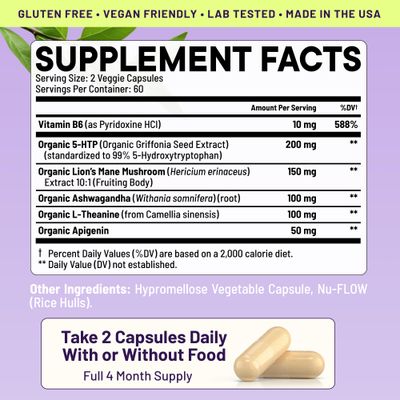 Organic Plant 5 HTP+ Cofactor, 200mg | Brain Supplement, Supports Mood, Cognitive Health &amp; Better Sleep | Vitamin B6 &amp; L Theanine | 240 Capsules