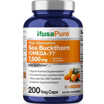 NusaPure Sea Buckthorn Omega-7 7500mg per Veggie Powder Caps - 200 Count - Extract 30:1, Non-GMO &amp; Vegan