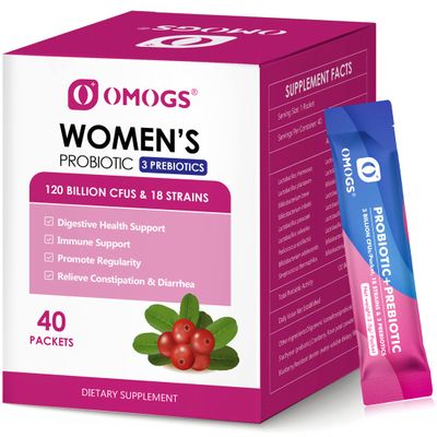 OMOGS Women&#39;s Probiotic,120-Billion-CFUs, 18 Strains, with 3 Prebiotics and Cranberry Extract, Help for Immune Booster, Digestive Health, Gut Health and Vaginal Health
