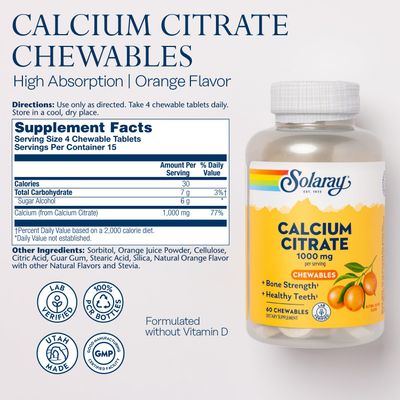 Solaray Calcium Citrate 1000 mg, Natural Orange Flavor Chelated Calcium Supplement for Bone Strength, Teeth, Nerve, Muscle, and Heart Function Support, 60-Day Guarantee, 15 Servings, 60 Chewables