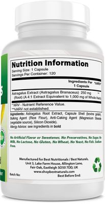 Best Naturals Astragalus Capsule, 1000 mg, 120 Count