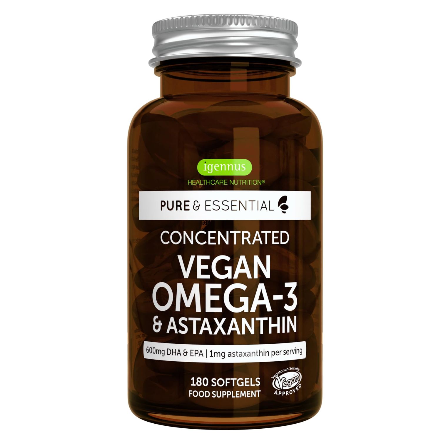 Vegan Omega 3 Triglyceride, Algae Oil &amp; Astaxanthin Antioxidant, 1344mg Omega 3, Pure &amp; Sustainable, 180 Small Softgels, 400mg DHA &amp; 200mg EPA, Clean Label, Easy-to-Swallow, 90 Servings, by Igennus