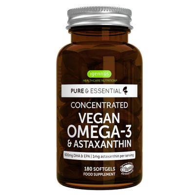 Vegan Omega 3 Triglyceride, Algae Oil &amp; Astaxanthin Antioxidant, 1344mg Omega 3, Pure &amp; Sustainable, 180 Small Softgels, 400mg DHA &amp; 200mg EPA, Clean Label, Easy-to-Swallow, 90 Servings, by Igennus