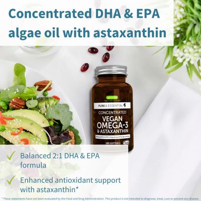 Vegan Omega 3 Triglyceride, Algae Oil & Astaxanthin Antioxidant, 1344mg Omega 3, Pure & Sustainable, 180 Small Softgels, 400mg DHA & 200mg EPA, Clean Label, Easy-to-Swallow, 90 Servings, by Igennus