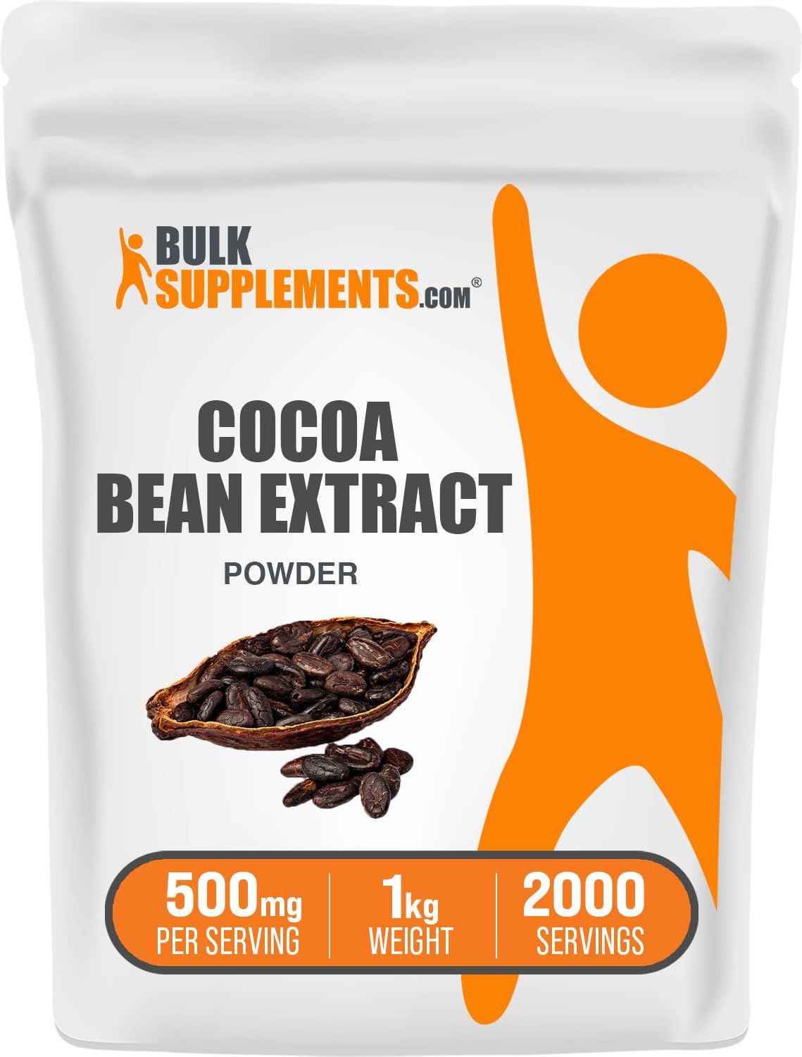 BulkSupplements.com Cocoa Bean Extract Powder - Cocoa Supplement, Unsweetened Cocoa Powder - Gluten Free &amp; Sugar Free, 500mg per Serving, 1kg (2.2 lbs) (Pack of 1)