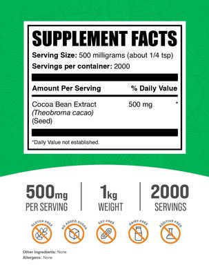 BulkSupplements.com Cocoa Bean Extract Powder - Cocoa Supplement, Unsweetened Cocoa Powder - Gluten Free & Sugar Free, 500mg per Serving, 1kg (2.2 lbs) (Pack of 1)