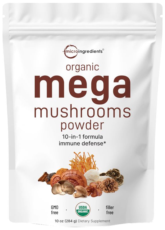 Micro Ingredients Organic Mega Mushroom 10 in 1 Complex Formula Powder for Immune System Booster, 10 Ounce (284 Days Supply), Chaga, Lions Mane, Cordyceps, Reishi &amp; More, Filler Free, Vegan