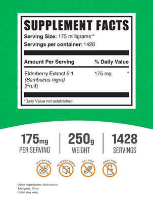 BulkSupplements.com Elderberry Extract Powder - Elderberry Supplements, from Black Elderberry - for Immune Support, Gluten Free - 175mg per Serving, 250g (8.8 oz) (Pack of 1)
