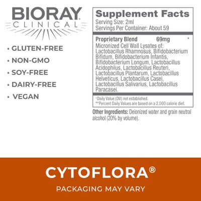 BIORAY Professional CytoFlora - 4 fl oz - Probiotic Immunity Tonic - Improves Bowel &amp; Gut Function - Non-GMO, Vegetarian, Gluten Free
