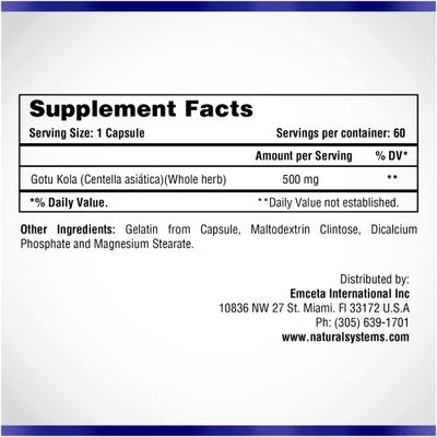 Centella Asiatica Capsules 500 mg 60 Capsules by Natural Systems - Gotu Kola Herb Moisturizer for Your Skin - Gotu Kola Capsules Extract Also Beneficial for Calming Mind Tiredness