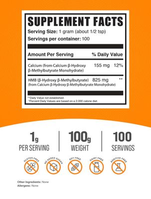BulkSupplements.com HMB Powder - as Calcium HMB, Beta-Hydroxy Beta-Methylbutyrate - HMB Powder Supplements, Gluten Free - 1000mg per Serving, 100g (3.5 oz) (Pack of 1)
