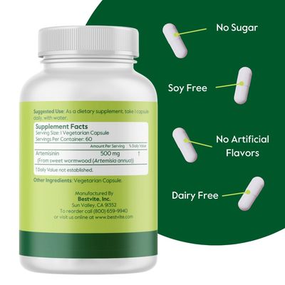 BESTVITE Artemisinin 500mg per Capsule (60 Vegetarian Capsules) - No Stearates - No Flow Agents - No Fillers - Vegan - Gluten Free - Non GMO