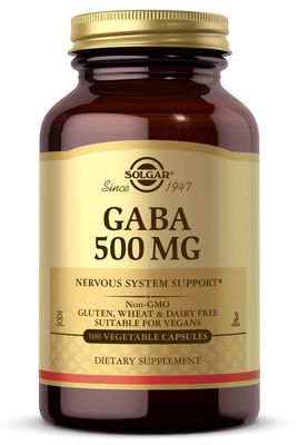 Solgar GABA 500 mg, 100 Vegetable Capsules - Relaxation &amp; Nervous System Support - Amino Acid - Non-GMO, Vegan, Gluten Free, Dairy Free, Kosher - 100 Servings