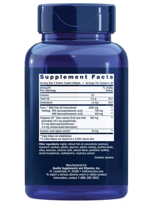 Life Extension Super Omega-3 EPA/DHA Fish Oil, Sesame Lignans & Olive Extract - Heart Health, Brain Health, Inflammation Health Support, Gluten-Free, Enteric-Coated, Non-GMO, 120 Softgels