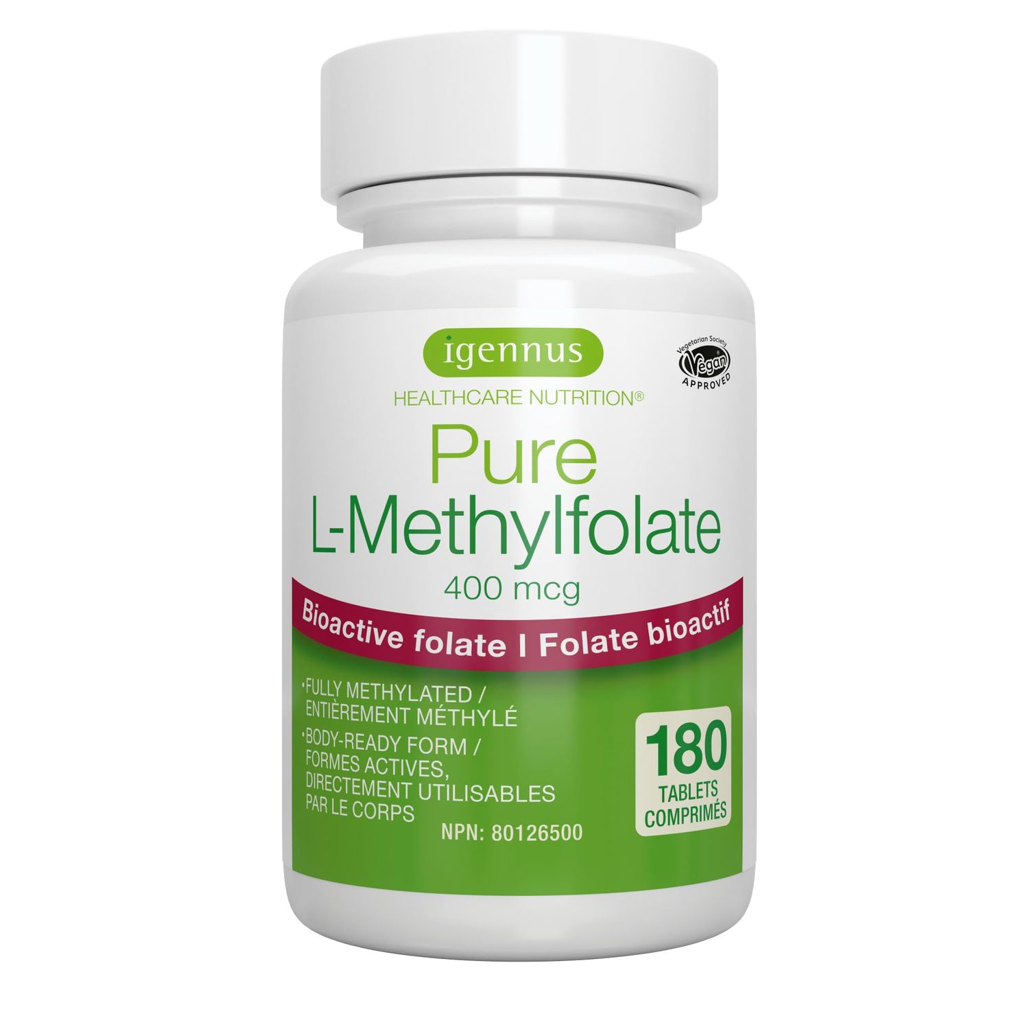 Pure Folate 400mcg, Optimized Methylfolate 667 mcg DFE, MTHFR Supplement, Clean Label, 180 Small Tablets, Lab Verified, Vegan &amp; Hypoallergenic, by Igennus