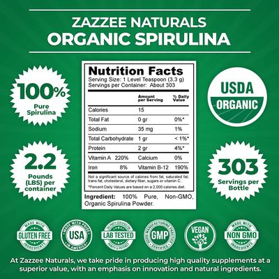 Zazzee Organic Spirulina Powder, 2.2 Pounds (1 KG), USDA Certified, 303 Servings, 100% Pure, Non-Irradiated, Mess-Free Wide Mouth Container, Fresh Smell and Neutral Taste, Vegan, Non-GMO, Gluten-Free