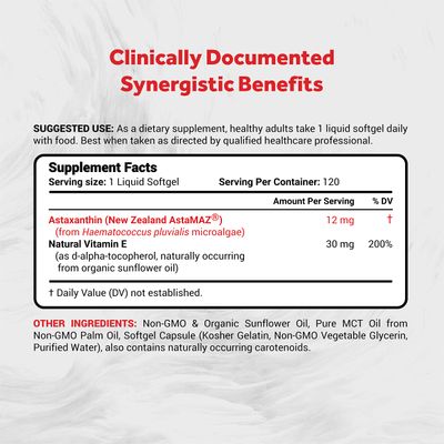 Naturalis New Zealand Astaxanthin (12mg) | Enhanced with Natural Vitamin E | Non-GMO, Soy &amp; Gluten Free | 120 Softgels (4 Month Supply)