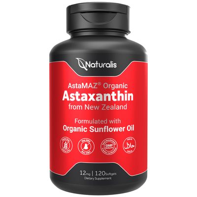 Naturalis New Zealand Astaxanthin (12mg) | Enhanced with Natural Vitamin E | Non-GMO, Soy &amp; Gluten Free | 120 Softgels (4 Month Supply)