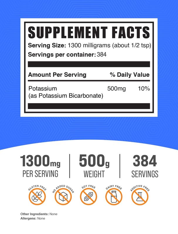 BulkSupplements.com Potassium Bicarbonate Powder - Potassium Supplement Powder, Potassium Bicarbonate Food Grade - 1300mg per Serving (500mg Potassium), 500g (1.1 lbs) (Pack of 1)