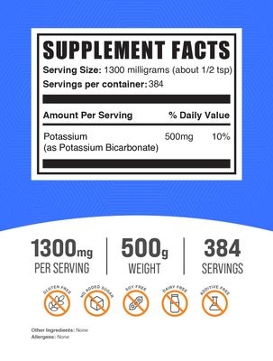 BulkSupplements.com Potassium Bicarbonate Powder - Potassium Supplement Powder, Potassium Bicarbonate Food Grade - 1300mg per Serving (500mg Potassium), 500g (1.1 lbs) (Pack of 1)