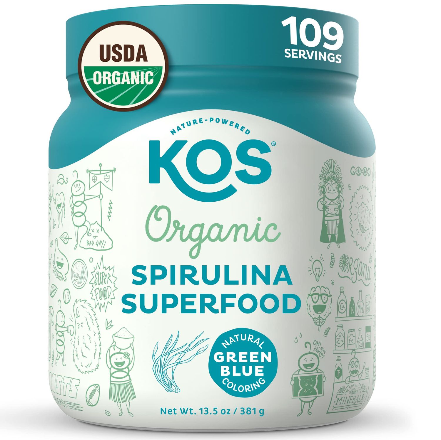 KOS Organic Spirulina Powder - USDA Certified Organic, 109 Servings of Superfood Powder for Smoothies &amp; Juices, Non-Irradiated Blue Green Algae, Plant Based with Antioxidants, Vegan (13.5oz)