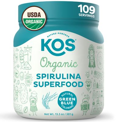 KOS Organic Spirulina Powder - USDA Certified Organic, 109 Servings of Superfood Powder for Smoothies &amp; Juices, Non-Irradiated Blue Green Algae, Plant Based with Antioxidants, Vegan (13.5oz)