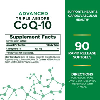 Nature's Bounty Advanced Triple Absorb Co Q-10, Heart Health, Rapid Release Softgels, 90 Ct