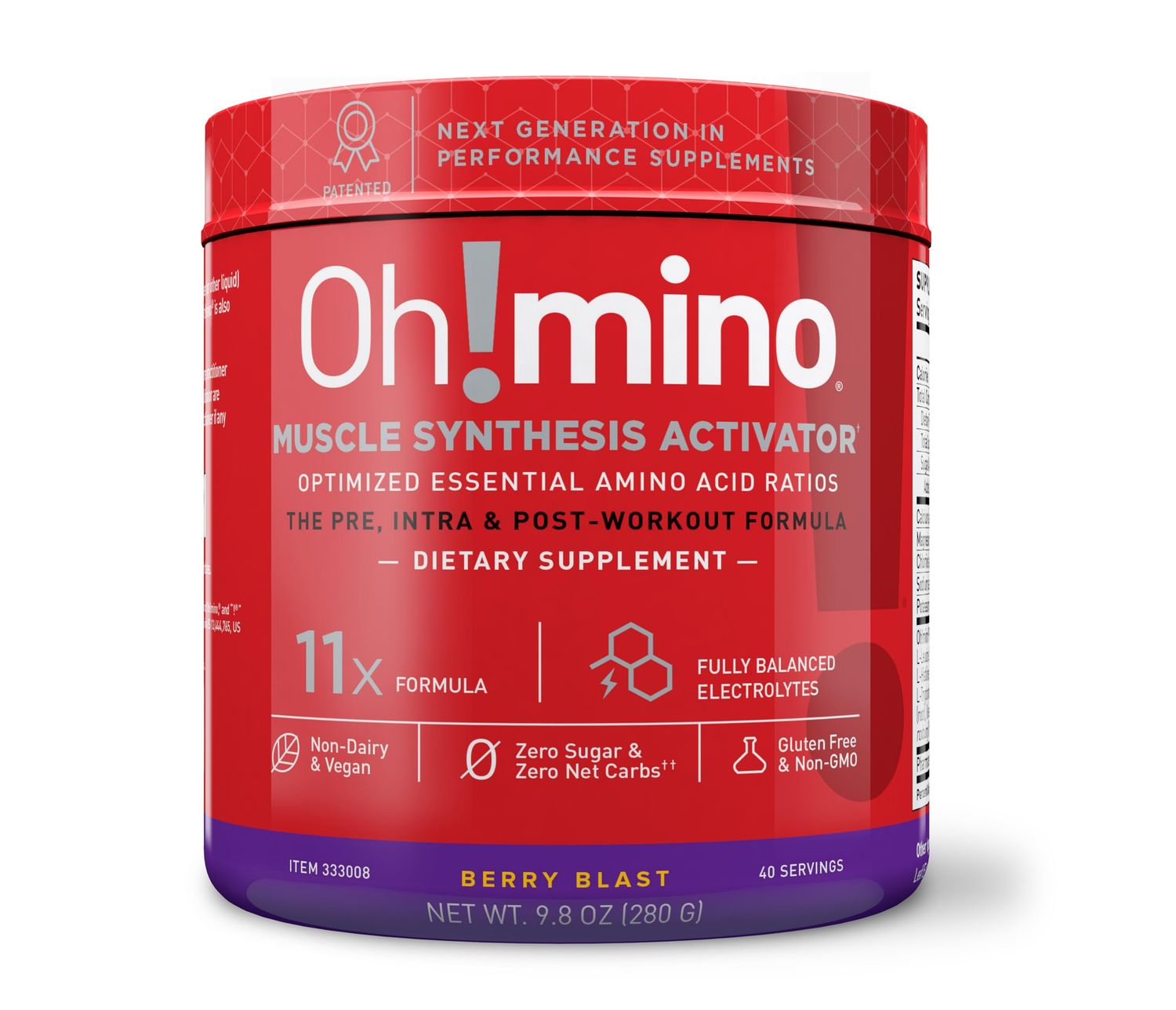 Oh!mino Amino Acid Energy Blend - Pre-Post Workout Powder, BCAA Amino Acids, Workout Recovery Drink, Muscle Synthesis Activator, Caffeinated Berry Blast, 280 g, 40 Servings