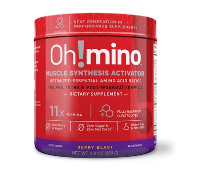 Oh!mino Amino Acid Energy Blend - Pre-Post Workout Powder, BCAA Amino Acids, Workout Recovery Drink, Muscle Synthesis Activator, Caffeinated Berry Blast, 280 g, 40 Servings