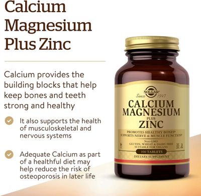 Solgar Calcium Magnesium Plus Zinc, 100 Tablets - Promotes Healthy Bones and Teeth - Supports Nerve &amp; Muscle Function - Non GMO, Vegan, Gluten Free, Dairy Free, Kosher, Halal - 33 Servings