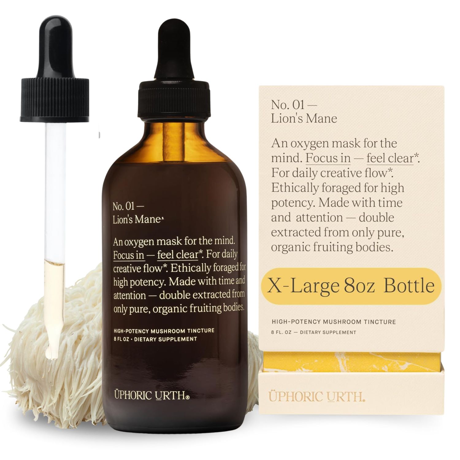 UPHORIC URTH Lions Mane Extract - Double Extracted Fruitbody Mushroom Tincture, Natural Support for Mental Clarity, Brain Function, Memory, Cell Regeneration, Creativity &amp; Mood (240 Servings)