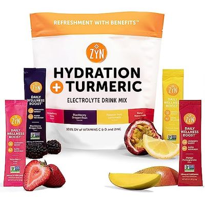 ZYN Electrolytes Powder Hydration Packets with Vitamins, Zinc &amp; Turmeric Curcumin for Gut Health, Immune Support, Recovery, Low Sugar Packets with Piperine, Variety, 32 Pack
