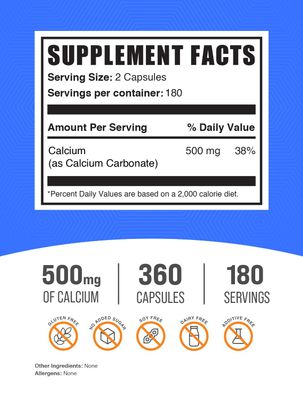 BulkSupplements.com Calcium Carbonate Capsules - Calcium Carbonate Supplement, Calcium Carbonate 500mg - Calcium Supplement, Gluten Free, 2 Capsules per Serving, 360 Capsules (Pack of 1)