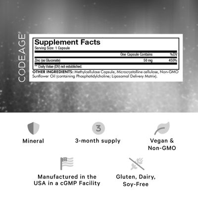 Codeage Liposomal Zinc Supplement - 3 Month Supply - One Per Day - 50 mg Zinc Gluconate Vitamin Pills - Essential Mineral Supplements Zinc Plus Liposomal Delivery Matrix - Vegan Non-GMO - 100 Capsules