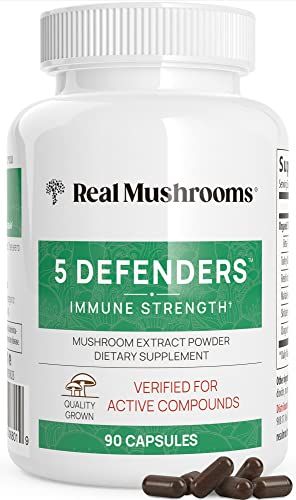 Real Mushrooms 5 Defenders Capsules - Organic Mushroom Extract w/Chaga, Shiitake, Maitake, Turkey Tail, &amp; Reishi - Mushroom Supplement for Focus, &amp; Immune Support - Vegan, Non-GMO, 90 Caps