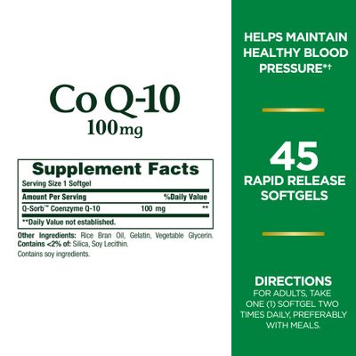 Nature's Bounty CoQ10 100mg for Heart Health Support, Non-GMO Q-Sorb Coenzyme Q-10 Antioxidant Support and Cardiovascular Wellness, Dietary Supplement, Rapid Release Softgels, 45 ct