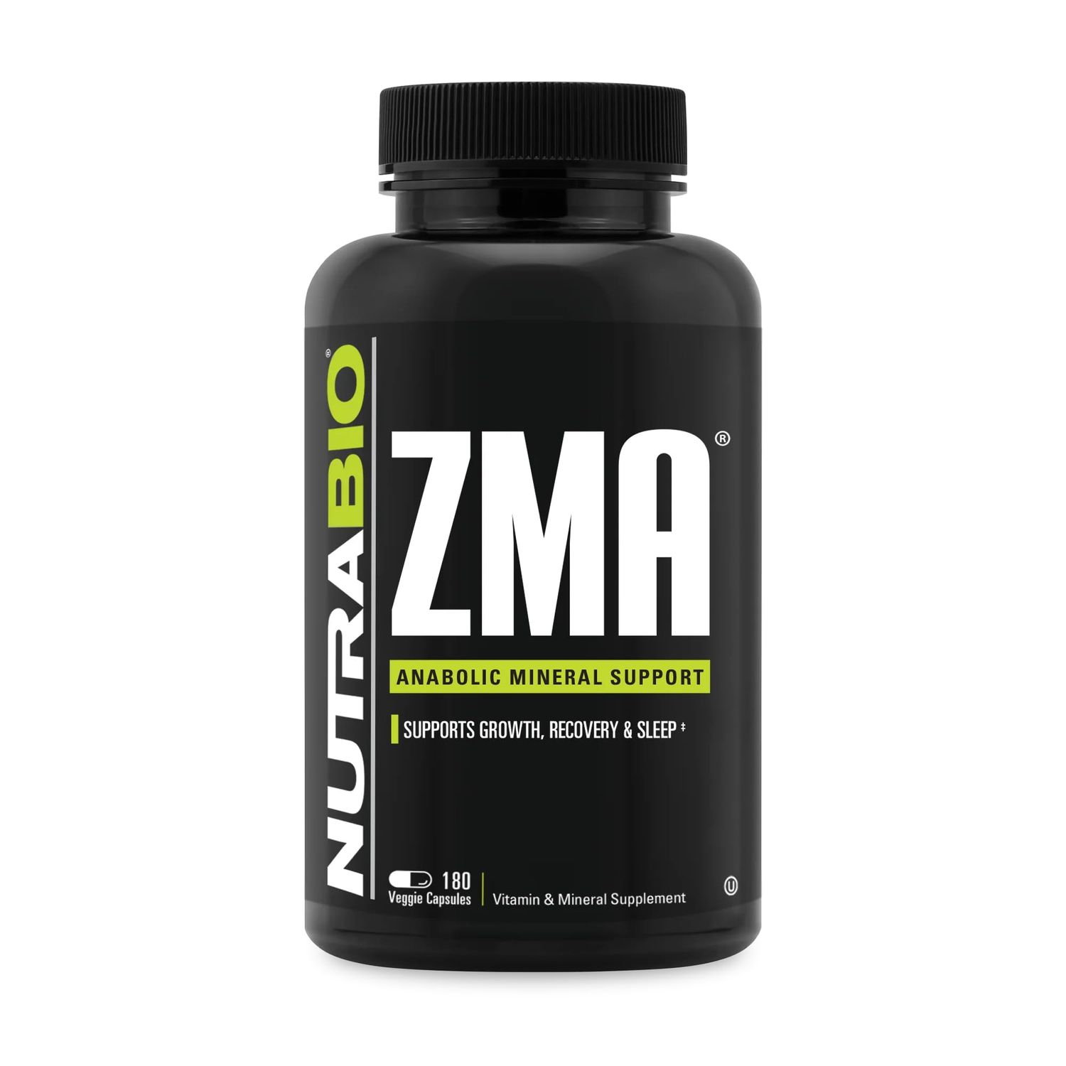 NutraBio ZMA Vegetable Supplement - Anabolic Mineral Support - 180 Capsules - Recovery, Growth, Sleep - Zinc, Magnesium, and B6 Formula