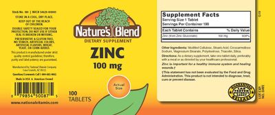 Nature's Blend Zinc Gluconate 100 mg, 100 Tablets