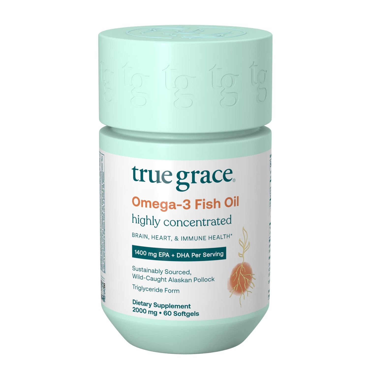 True Grace Omega-3 Fish Oil - 60 Softgels - 1400 mg EPA + DHA - Brain, Heart, Joint &amp; Immune Health - Organic, Gluten Free, Soy Free