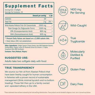 True Grace Omega-3 Fish Oil - 60 Softgels - 1400 mg EPA + DHA - Brain, Heart, Joint &amp; Immune Health - Organic, Gluten Free, Soy Free