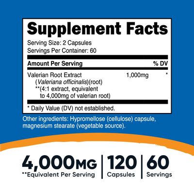 Nutricost Valerian Root Capsules (1000mg Per Serving) 120 Capsules - 4,000mg Equivalent Per Serving (4:1 Extract), Vegetarian Caps, Gluten Free, Non-GMO