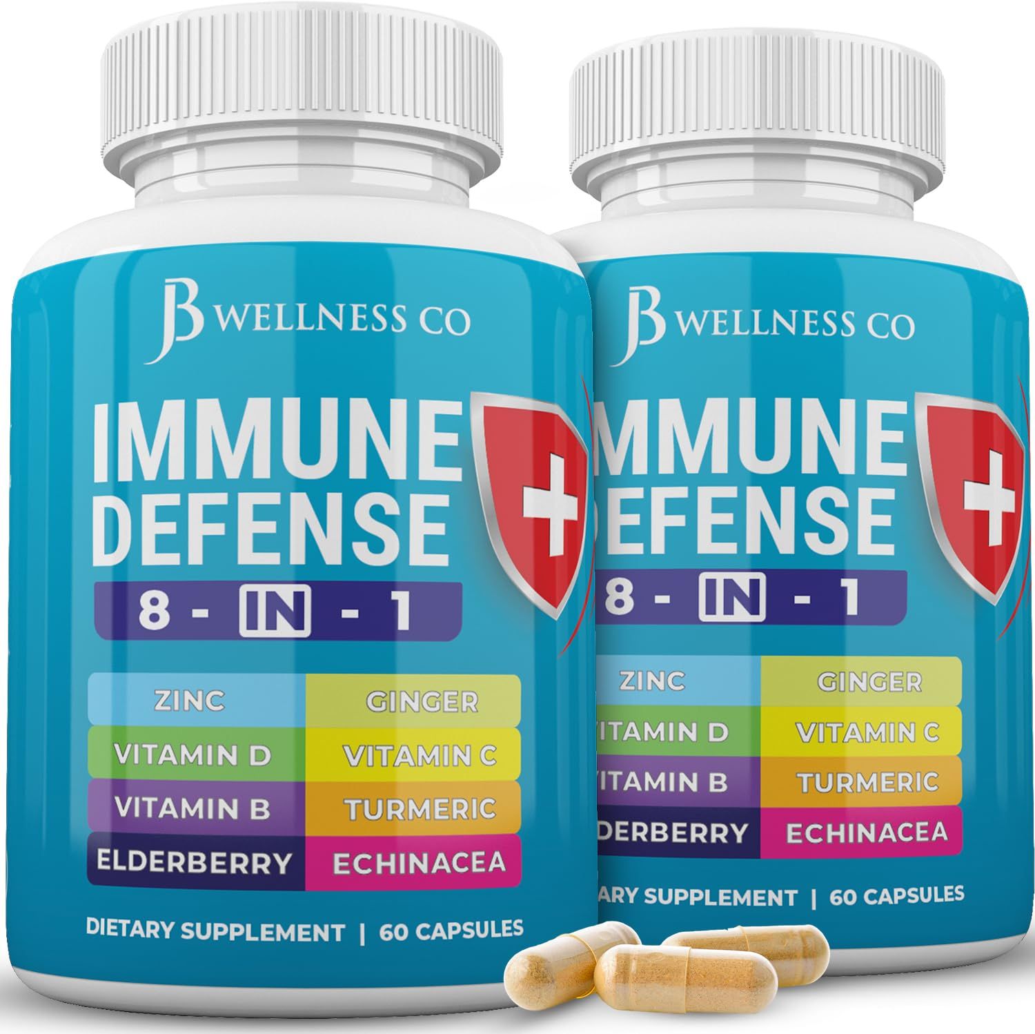JB WELLNESS CO Immune Support 8 in 1 Capsules - Zinc Supplement, Vitamin D3 5000 IU, Vitamin C 1000MG and Elderberry - Immune Booster Ginger Root, and Turmeric - [2-Pack]