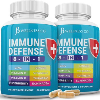 JB WELLNESS CO Immune Support 8 in 1 Capsules - Zinc Supplement, Vitamin D3 5000 IU, Vitamin C 1000MG and Elderberry - Immune Booster Ginger Root, and Turmeric - [2-Pack]