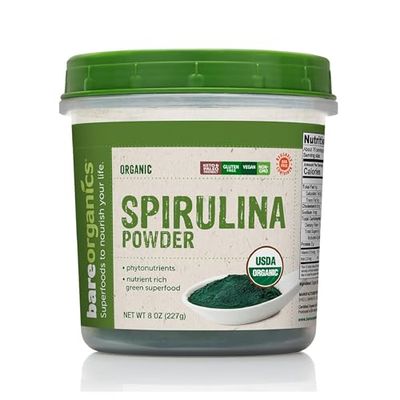 BareOrganics 13132 USDA Organic Raw Spirulina Powder, Whole Food Supplement, Gluten-Free &amp; Non-GMO, 8 Ounce