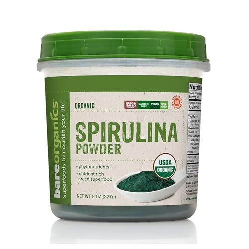 BareOrganics 13132 USDA Organic Raw Spirulina Powder, Whole Food Supplement, Gluten-Free &amp; Non-GMO, 8 Ounce